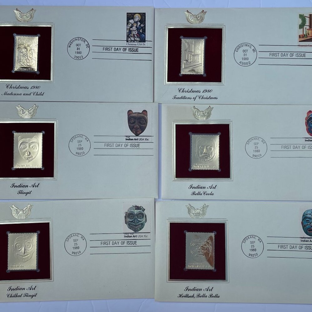 22kt Golden Replica Stamps 6 Piece Set Indian Art & Christmas 1980